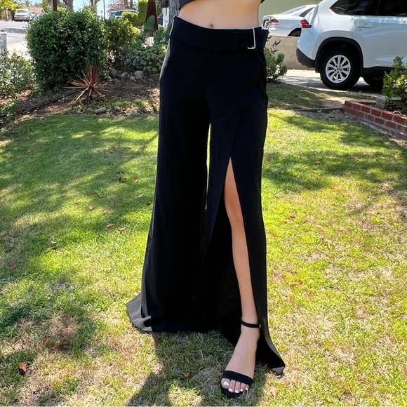 bebe Pants - Y2K BEBE Black Split Leg Low Rise Club Pants Belted Flowy Whimsigoth Sz 6 USA